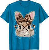 Cute Bunny Rabbit Face Leopard Coquette Bow Glasses Easter T-Shirt in Sapphire Blue