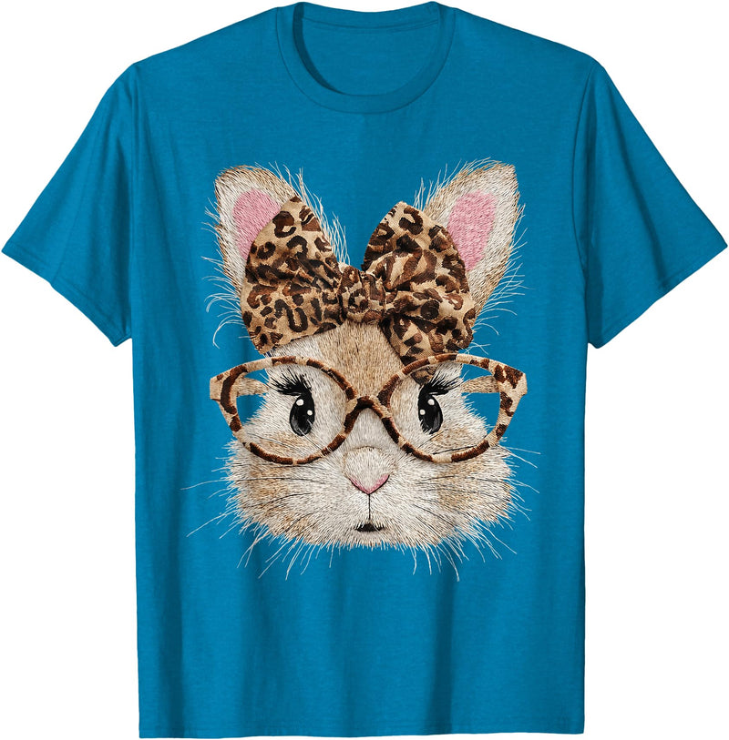 Cute Bunny Rabbit Face Leopard Coquette Bow Glasses Easter T-Shirt in Sapphire Blue