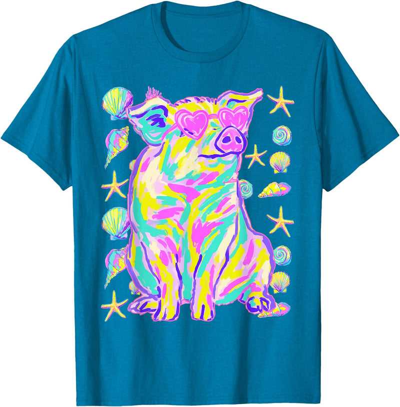 Coastal Summer Animals Beach Art Cute Pig with Hearts Sunglasses Seashells Coastal Summer T-Shirt - Sapphire Blue