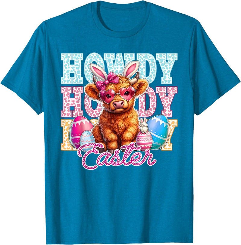 Highland Cow Easter Cute Western Farm Apparel Howdy Easter Cute Highland Cow Bunny Ears Western Easter T-Shirt - Sapphire