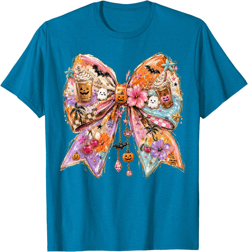 Summerween Tees NYC Summerween Bow Coquette Summer Halloween Ghosts Beach Coffee T-Shirt - Sapphire Blue