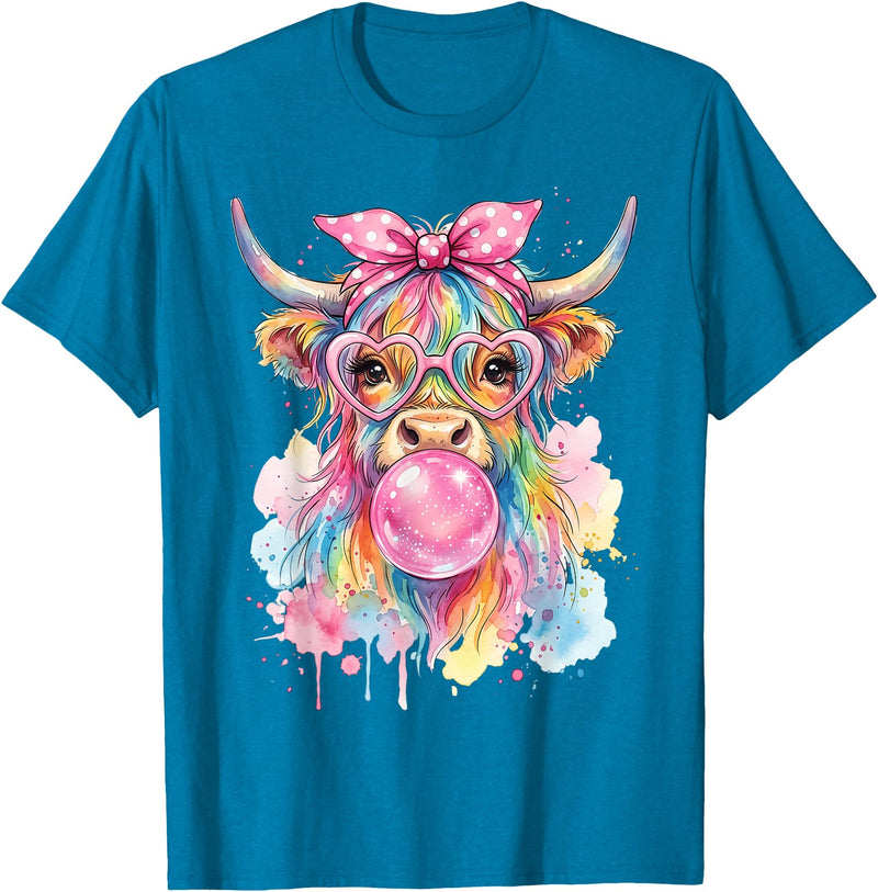 Cute Highlander Cow Lover Designs Highland Cow Blowing Bubblegum T-Shirt - Sapphire Blue
