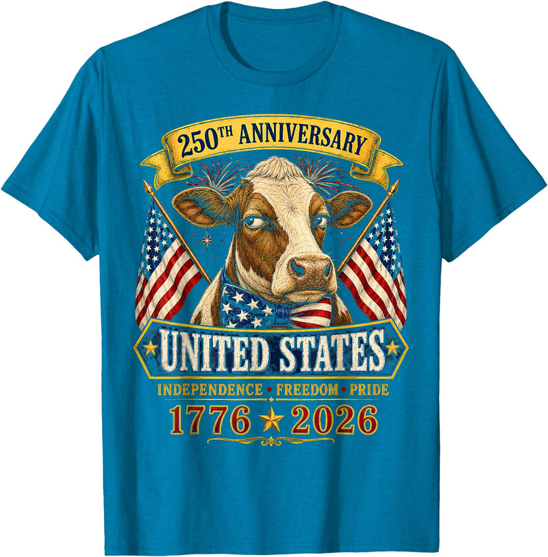Patriotic 250 Years of Freedom 1776-2026 250 Years America Cow Patriotic USA 4th of July T-Shirt - Sapphire Blue