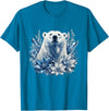 Arctic Polar Bear Winter Floral Nature Ice Blue Snow Polar Bear with Winter Flowers T-Shirt - Sapphire Blue