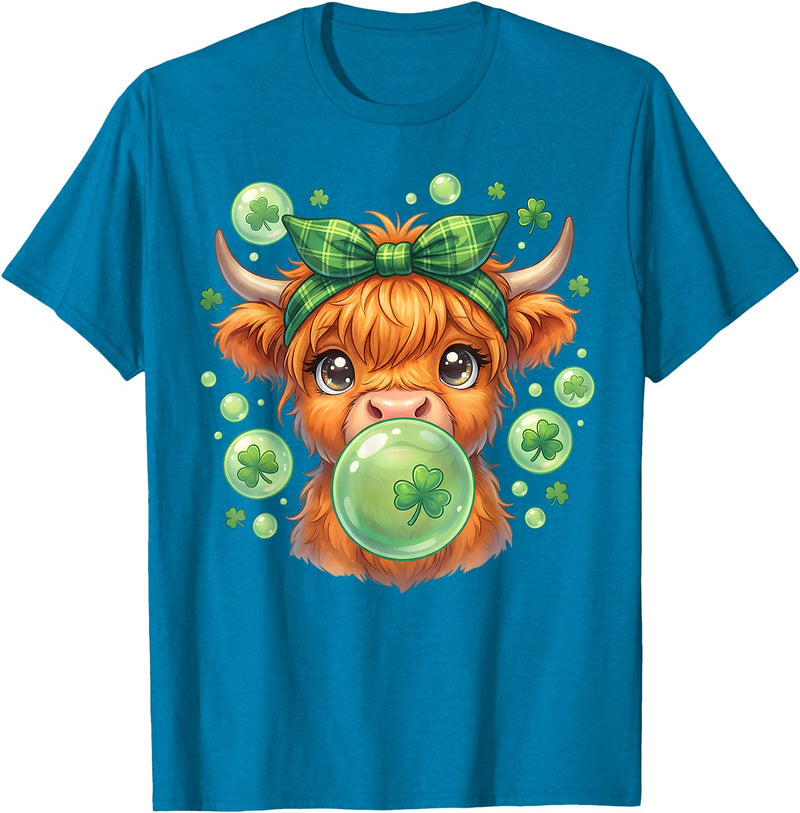St. Patricks Day Highland Cow Blowing Bubblegum Celebrate St Patricks Day T-Shirt - Sapphire Blue
