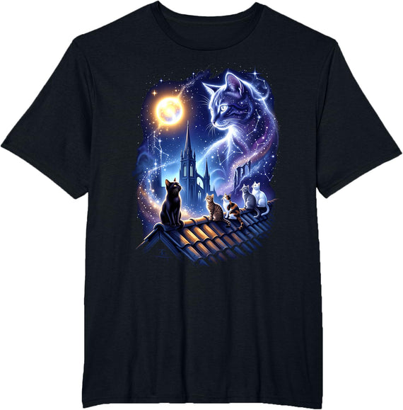 Cosmic Cat Constellation Magic Universe Kittens Moon T-Shirt - Black
