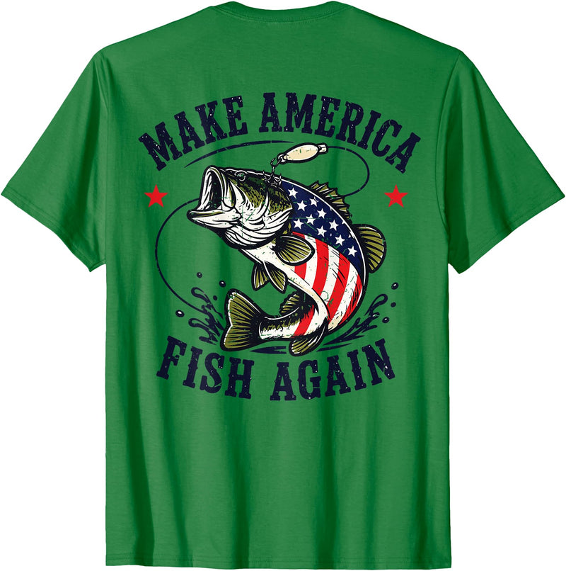 Make America Fish Again Largemouth Bass Patriotic Men Make America Fish Again 4th July Fish Patriotic USA Flag T-Shirt - Kelly Green