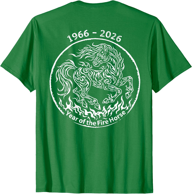 Year Of The Fire Horse 1966 2026 (On Back) 1966 2026 Year of The Fire Horse Chinese Zodiac T-Shirt - Kelly Green