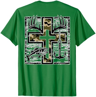Camo Cross Fishing Faith Christian 2 Sided Hunting Fishing Cross Camo Faith Christian Fisherman Hunter T-Shirt - size chart