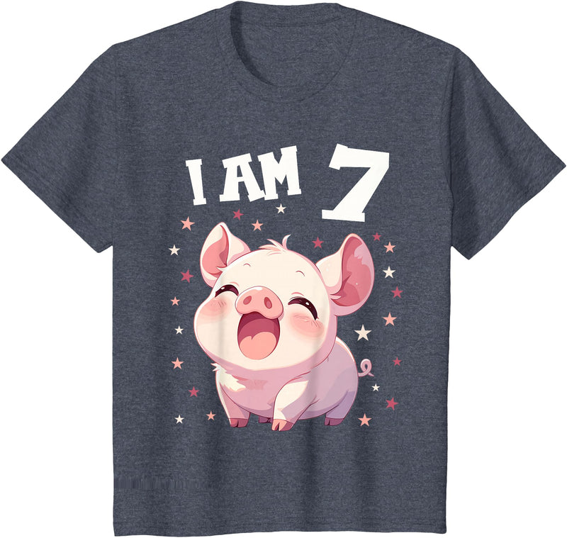 7 years old 7th birthday Pig Kids 7 Years old 7 birthday Pigs Boy Girl Pig T-Shirt - Heather Blue