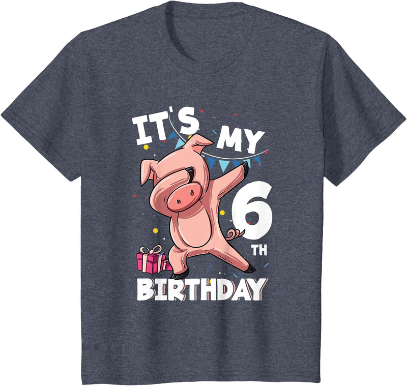 Pig Birthday Outfit for Boys Girls Party Supplies Its My 6th Birthday 6 Year Old Pig Birthday T-Shirt - Heather Blue