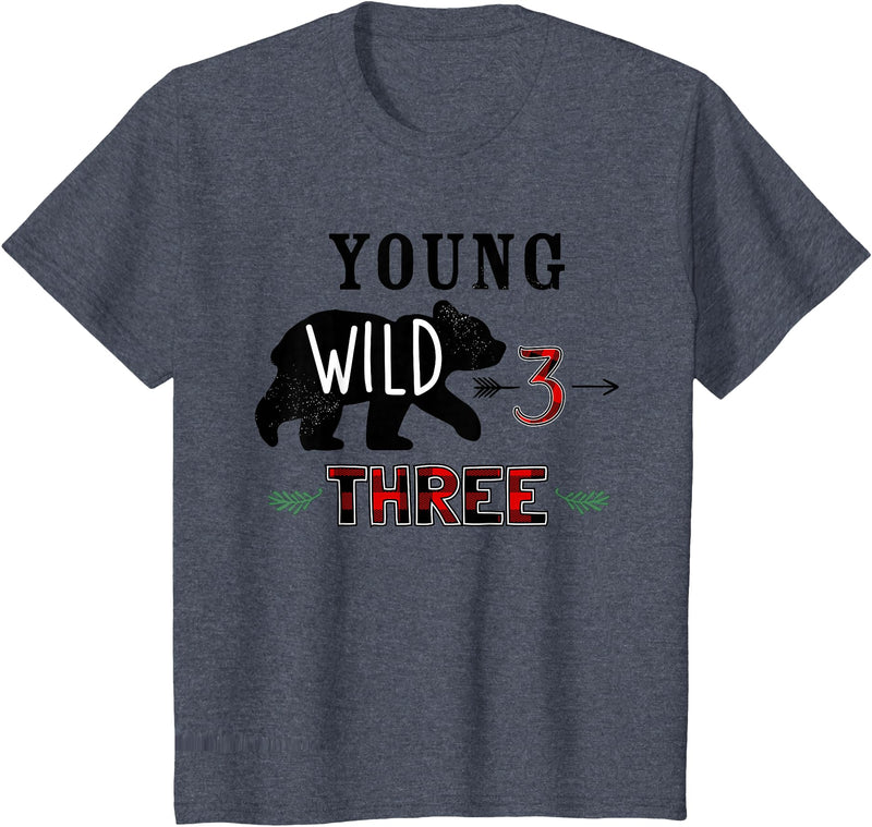 UrbanWear Bear Buffalo plaid Young Wild & Three 3 years 3rd Birthday T-Shirt - Heather Blue
