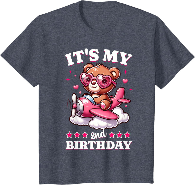 2 Year Old Girl Plane Birthday Party Kids Designs Kids 2nd Birthday Girls Airplane Birthday Party Teddy Bear Plane T-Shirt - Heather Blue