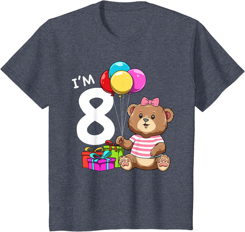 8th Birthday Teddy Bear - 8 Years Old Gift Tee Kids Eight Birthday Teddy Bear - 8 Year Old Girl T-Shirt - Heather Blue