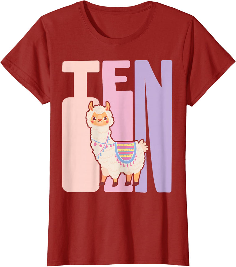 Retro Llama Alpaca Themed Girls Birthday Designs 10th Birthday Girl Cute Llama Alpaca 10 Years Old T-Shirt - Cranberry Red