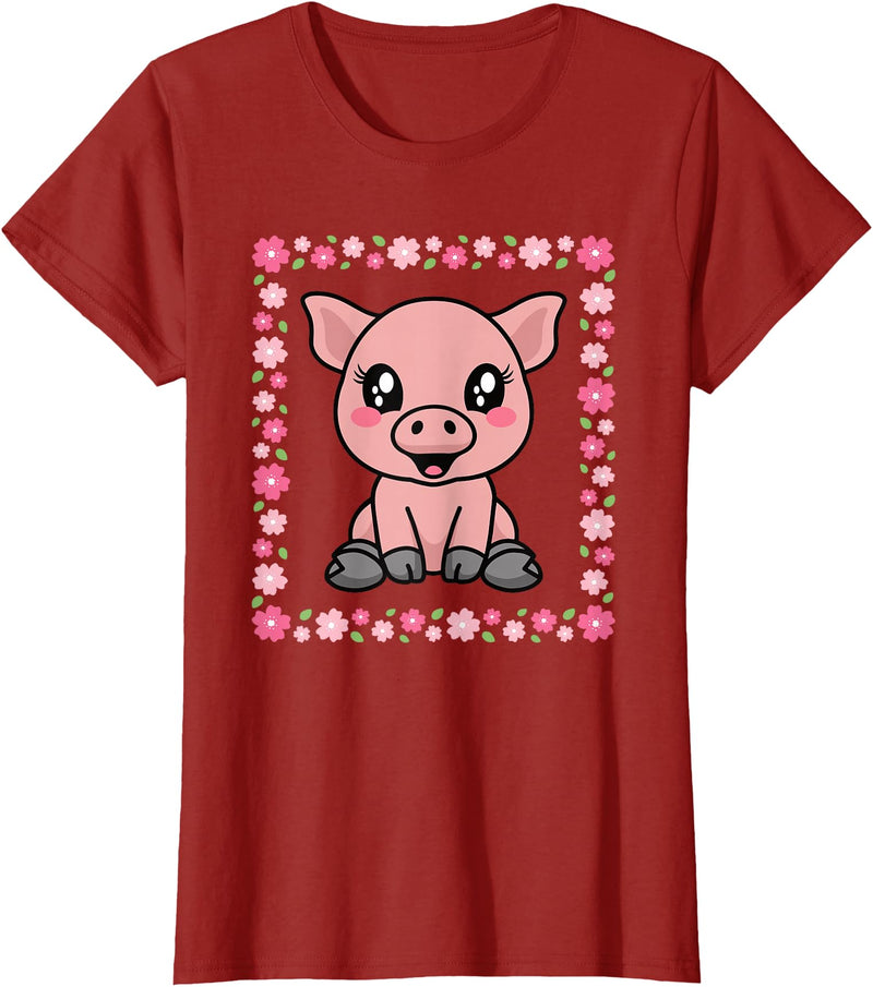 EDILILU Cute Pig Kawaii Pig Lover Piglet Women Girls T-Shirt - Cranberry Red