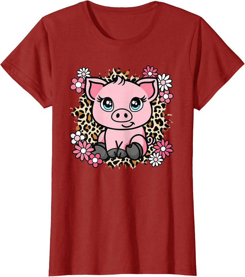 KATYLIN Cute Pig Flowers Pig Lover Women Girls Kids T-Shirt - Cranberry Red