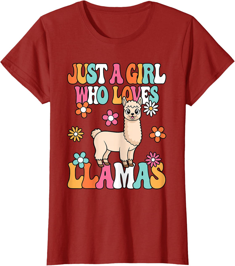 BALARI Just A Girl Who Loves Llamas Cute Groovy Alpaca Llama Kids T-Shirt - Cranberry Red