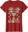 BALARI Just A Girl Who Loves Giraffes Cute Groovy Wild Animal Kids T-Shirt - Cranberry Red