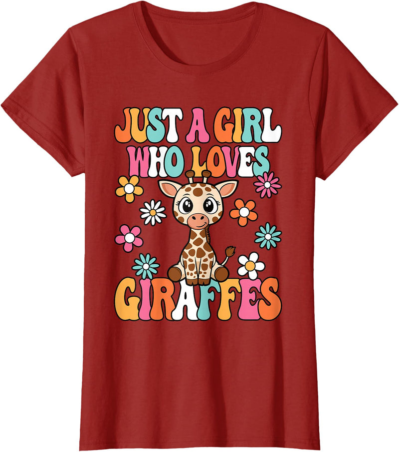 BALARI Just A Girl Who Loves Giraffes Cute Groovy Wild Animal Kids T-Shirt - Cranberry Red
