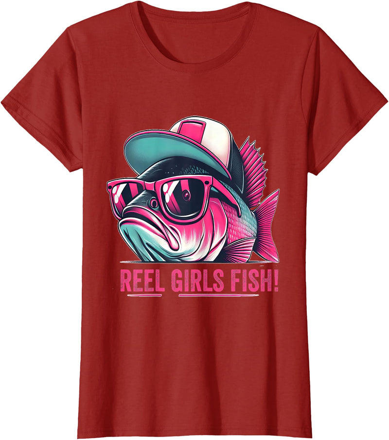 Reel Girl Fish Fishing Fisherwomen Gifts Shirt Reel Girl Fish Fishing Fisher Bass Fish T-Shirt - Cranberry Red