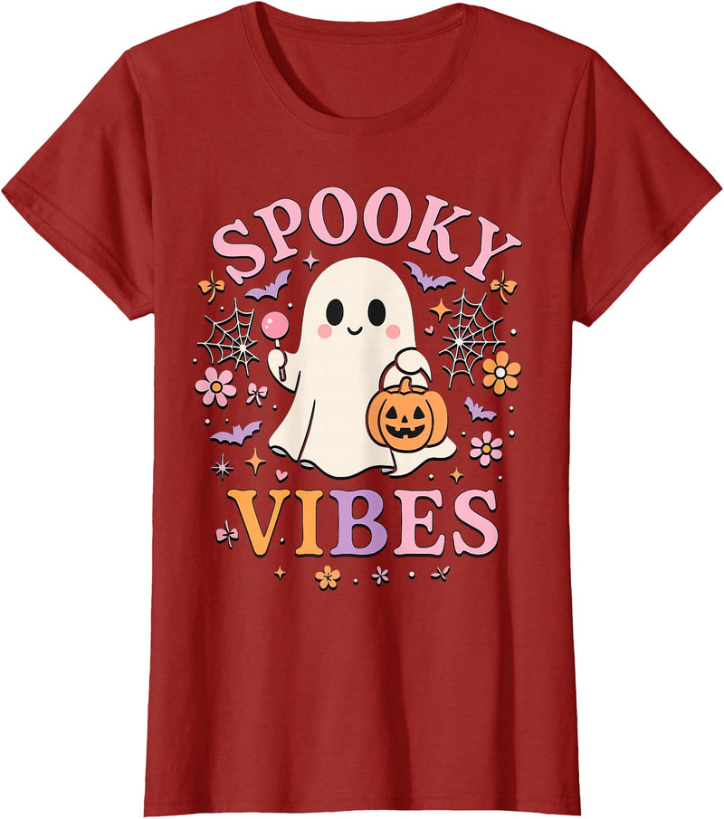 Girls Halloween Ghost Coquette Vibes Tees Spooky Vibes Cute Ghost Halloween for Girls Trick or Treat T-Shirt - Cranberry Red