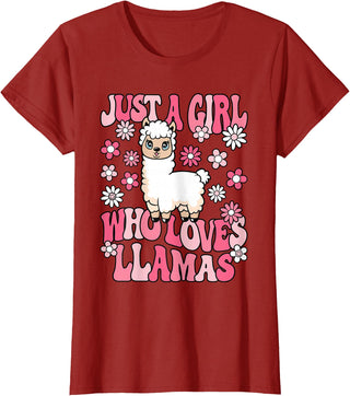 KATYLIN Just A Girl Who Loves Llamas Llama Lover Girls Kids T-Shirt - Cranberry Red