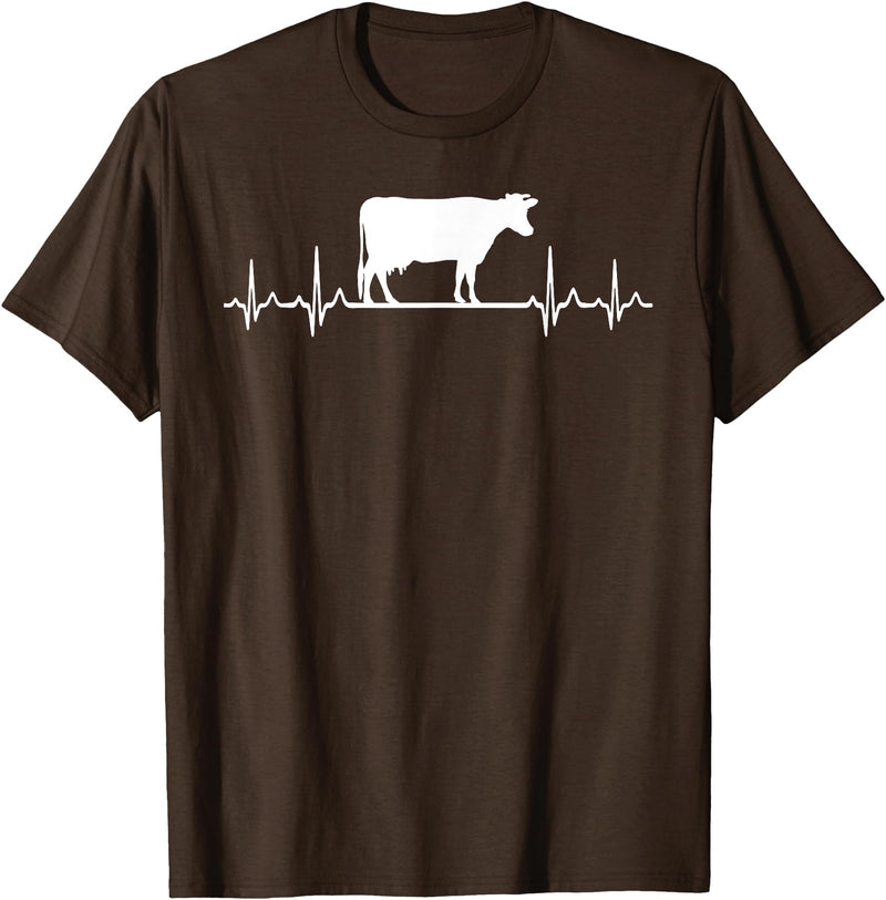 Farm and Holstein Cow for Men and Cattle Clothing Heartbeat Pulse ECG - Holstein Rancher For Cattle Farmer T-Shirt - Brown