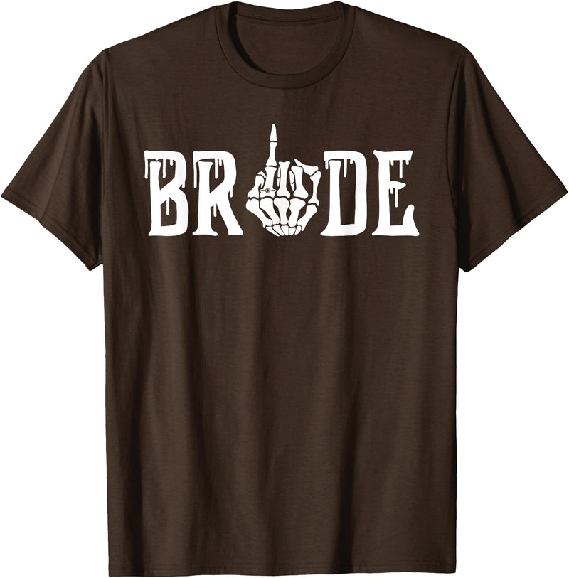 Skull Skeleton Halloween Wedding Bachelorette Bride Skeleton Ring Finger Halloween Wedding Bachelorette T-Shirt - Brown