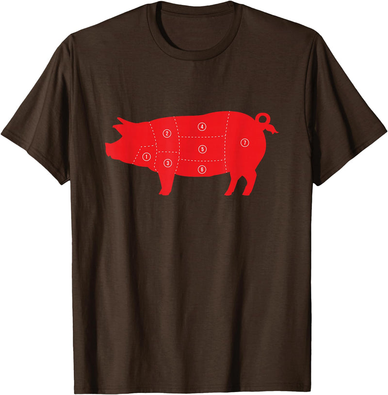 Carnivore Grilling Gifts For Butchers Pig Cuts Pork Chops Bacon Butt Butcher Costume Pigs Diagram T-Shirt - Brown
