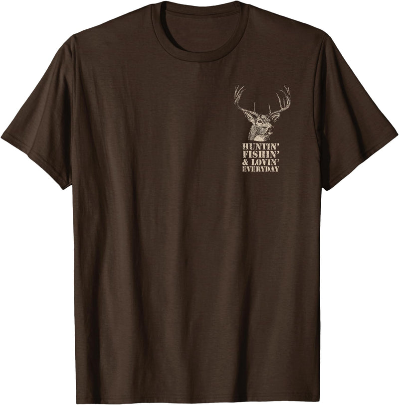 Fishing and Hunting Outdoors Designs Hunting and Fishing American Flag (Design on Front and Back) T-Shirt - Brown