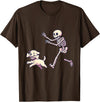Funny Skeleton Dog Bone Halloween Kawaii Dog Steals Bone from Skeleton Running Halloween T-Shirt - Brown