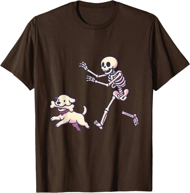 Funny Skeleton Dog Bone Halloween Kawaii Dog Steals Bone from Skeleton Running Halloween T-Shirt - Brown