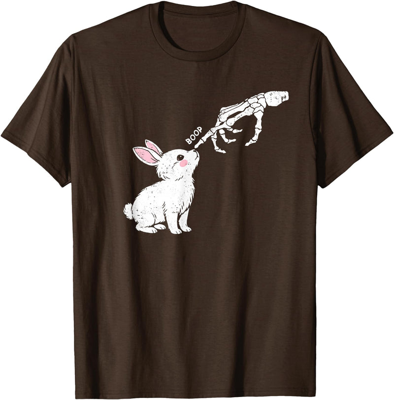 Cute Skeleton Hand Boop Bunny Rabbit Funny Easter Day T-Shirt in Brown