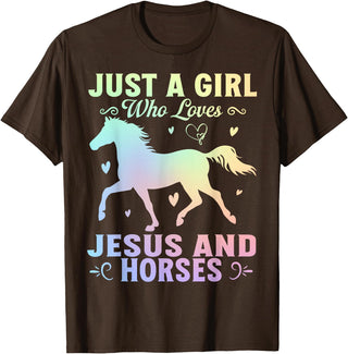Jesus and Horses Christian Religious. Just A Girl Who Loves Jesus And Horses T-Shirt - Brown