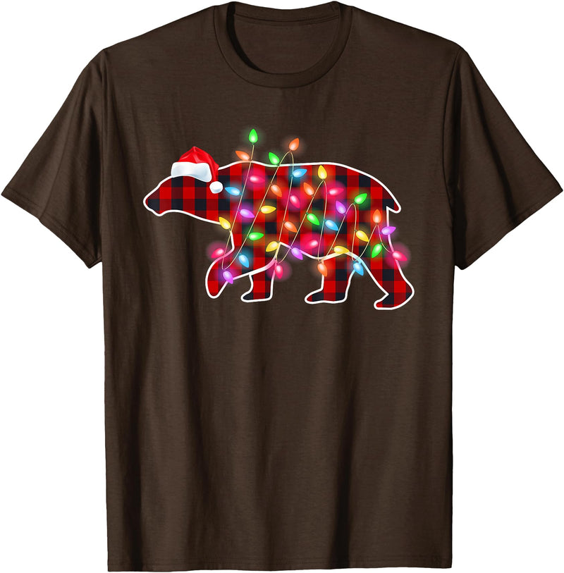 Funny Polar Bear Christmas Lights Pajamas Women Plaid Buffalo Polar Bear Christmas Pajamas Xmas Lights Women T-Shirt - Brown