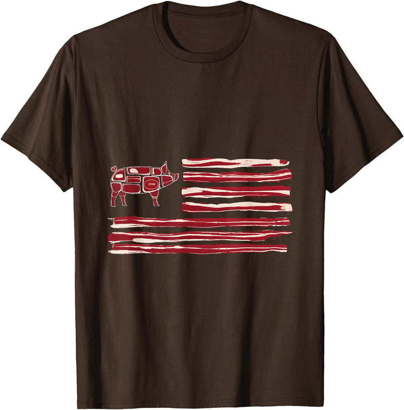 Bacon Lovers BBQ Grill Pork Pig Bacon Flag Pig American Patriot Cooking Grill T-Shirt - Brown