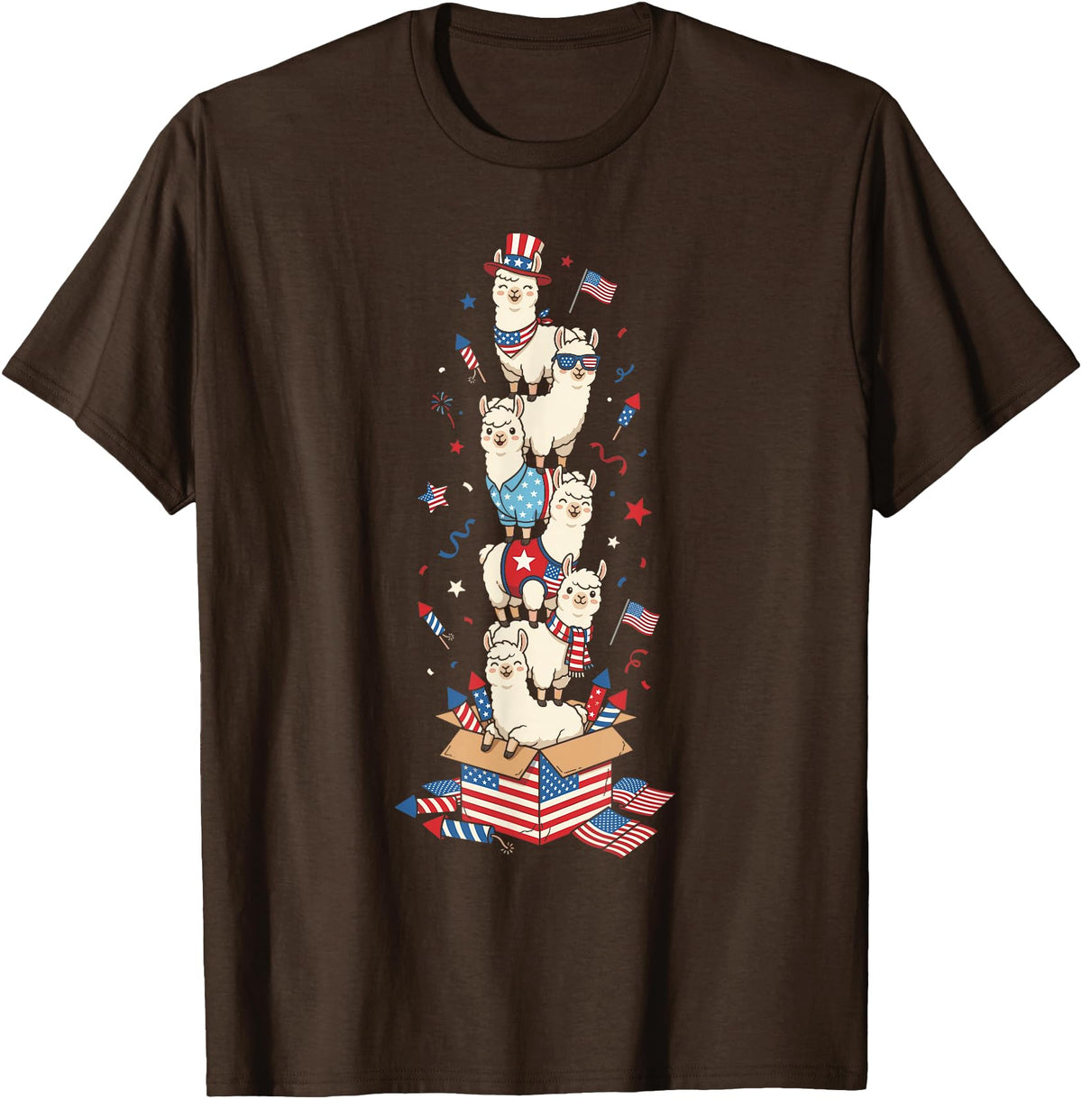 Llama Lovers USA Patriotic Outfits for Women Men Funny Llama American USA Flag Memorial Day 4th of July T-Shirt - Brown