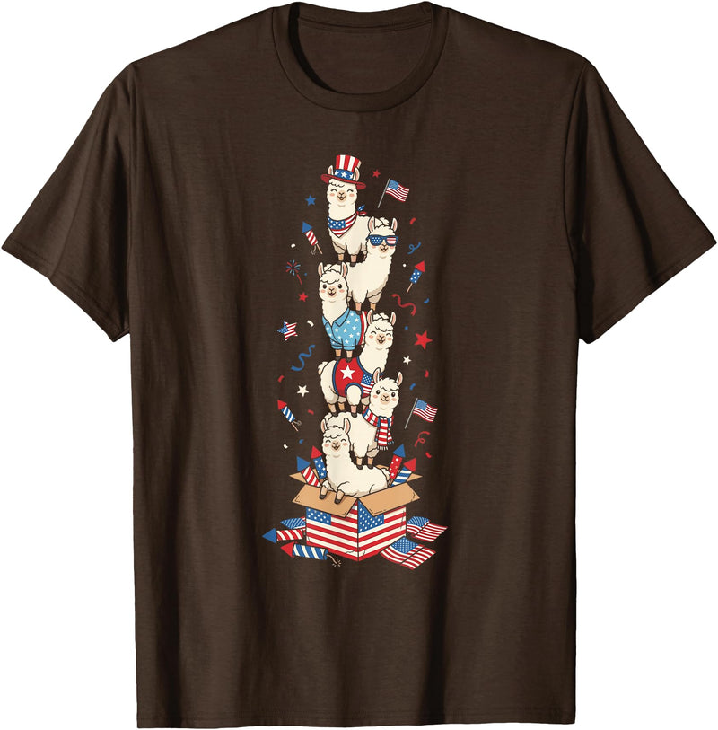 Llama Lovers USA Patriotic Outfits for Women Men Funny Llama American USA Flag Memorial Day 4th of July T-Shirt - Brown