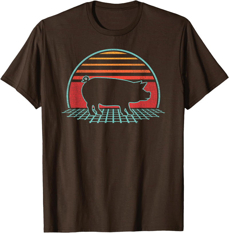 Pig Retro Vintage Style Pig Lover Farmer Farm Animal Retro Vintage 80s Style T-Shirt - Brown