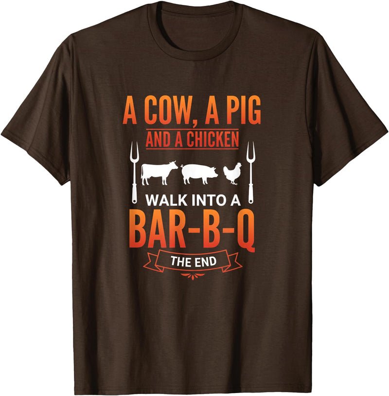 Bbq Humor Barbecue Grilling Pig Cow Chicken Funny A Cow A Pig and A Chicken Walk Into A Bar B Q Funny BBQ Gril T-Shirt - Brown