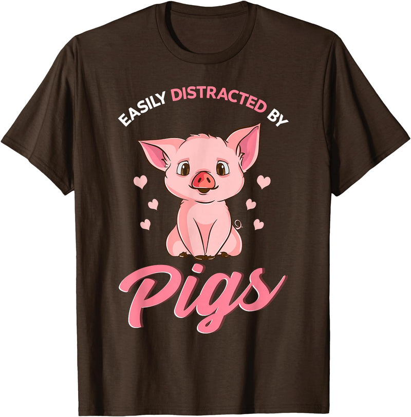 Cute Pig Designs Easily Distracted By Pigs Hog Lover Cute Farmer T-Shirt - Brown