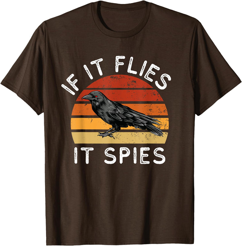 Funny If It Flies It Spies Clothing Co Vintage If It Flies It Spies Crow Bird Halloween T-Shirt - Brown