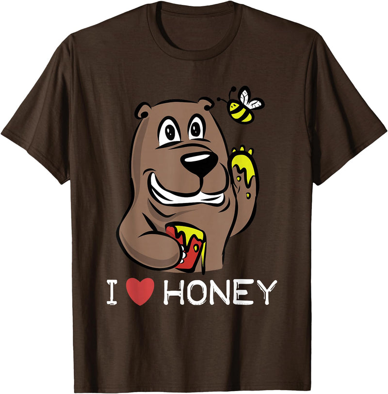 Honey Comb Tees I Love Honey T-shirt Bear and Bee Eating - Brown