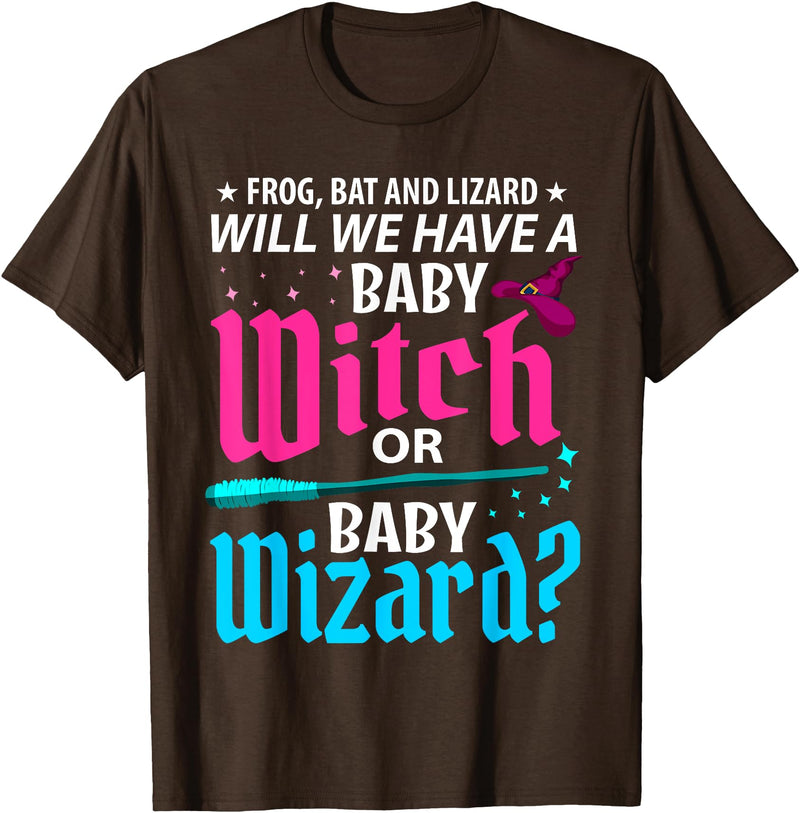 Halloween Gender Reveal Apparel Witch Or Wizard Gender Reveal Baby Shower Party Celebration T-Shirt - Brown