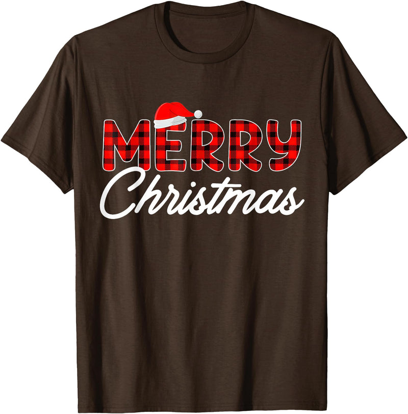 Merry Christmas Buffalo t -shir t Merry Christmas Buffalo Plaid Red Santa Hat Xmas Pajamas T-Shirt - Brown