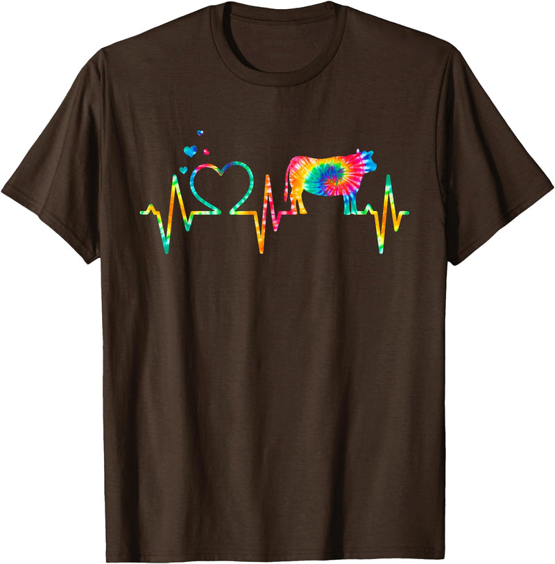 Cow Lovers Gifts T Co Cow Heartbeat Tie Dye Heart Beef Farm Gift T-Shirt - Brown