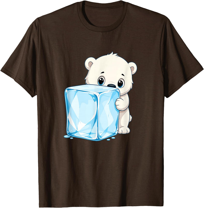 Cute Polar Bear Ice Cube Arctic Kawaii Adorable Baby Polar Bear Hugging Big Ice Cube T-Shirt - Brown