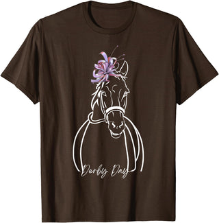 Funny Horse Racing Lover Derby Day Gift Women Derby Day Funny Horse Racing Floral Horse Equestrian T-Shirt - Brown