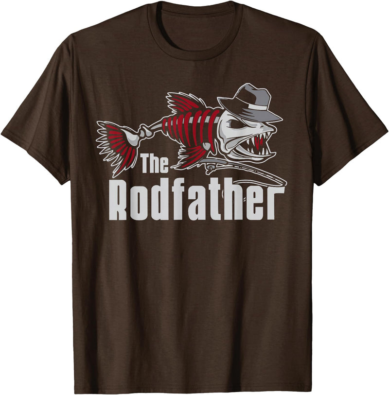 Funny Fishing The Rodfather Tee Shirt - Unisex Adults - Black - Small - Short Sleeve - Classic Fit - Modern Classic - Fishing T-Shirt - Brown